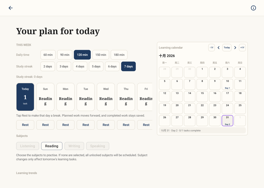Student app: A view of the study plan and calendar, before the next session.